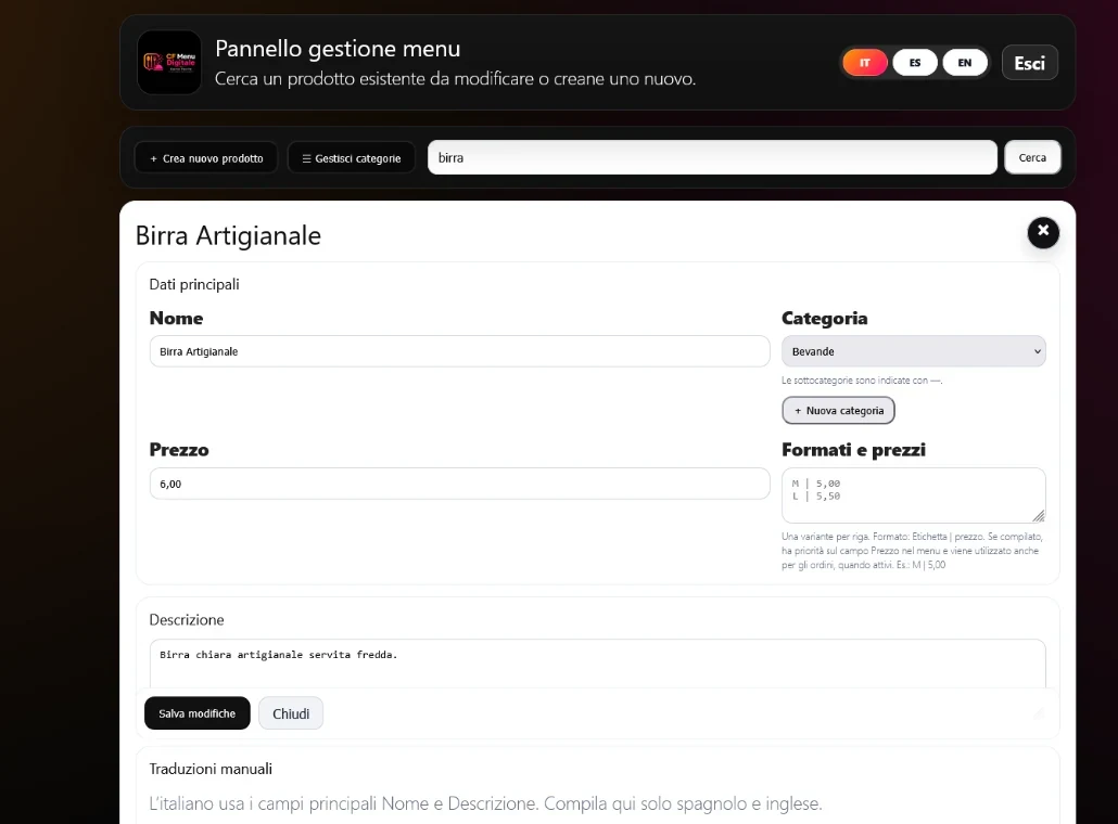 Pannello gestore Carta Facile con ricerca e modifica prodotti